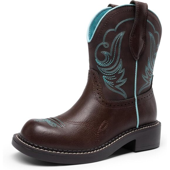 Women's Cowgirl Round Toe Embroidered Mid Calf Western Boot Concert Brown Blue - Picture 1 of 7